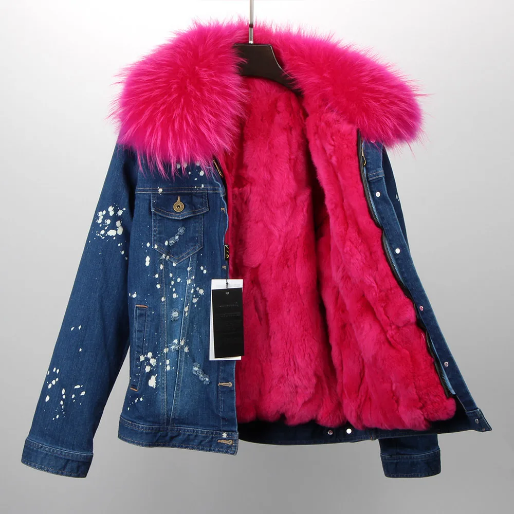 dark denim rose fur Зимняя женская джинсовая куртка с натуральным большим воротником из меха енота с подкладкой из кроличьего меха, верхняя одежда со съемным фирменным стилем - Цвет: dark denim rose fur