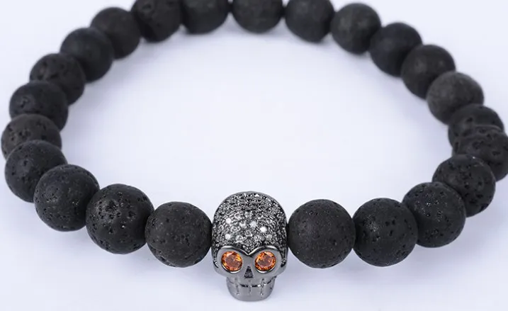8mm xy34 silver gold copper skull micro pave cz zircon cubic zirconia Bracelet black volcanic lava stone Buddha Yoga Bangles | Украшения и