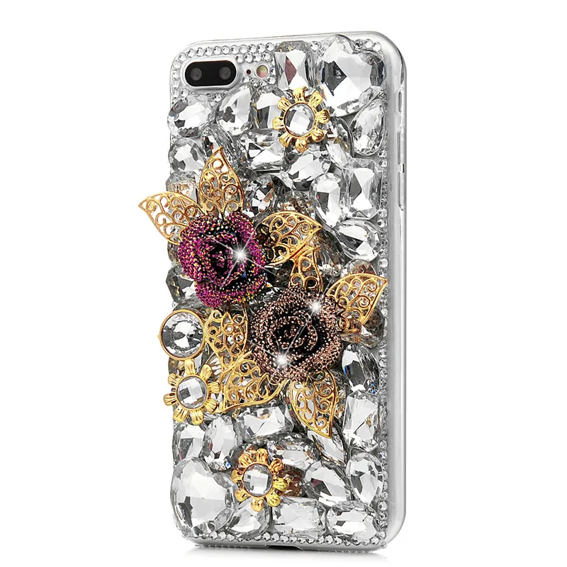 3D горный хрусталь чехол для iPhone X 6 S 7 8 плюс Золотая Роза Листья Bling С кристалалми и