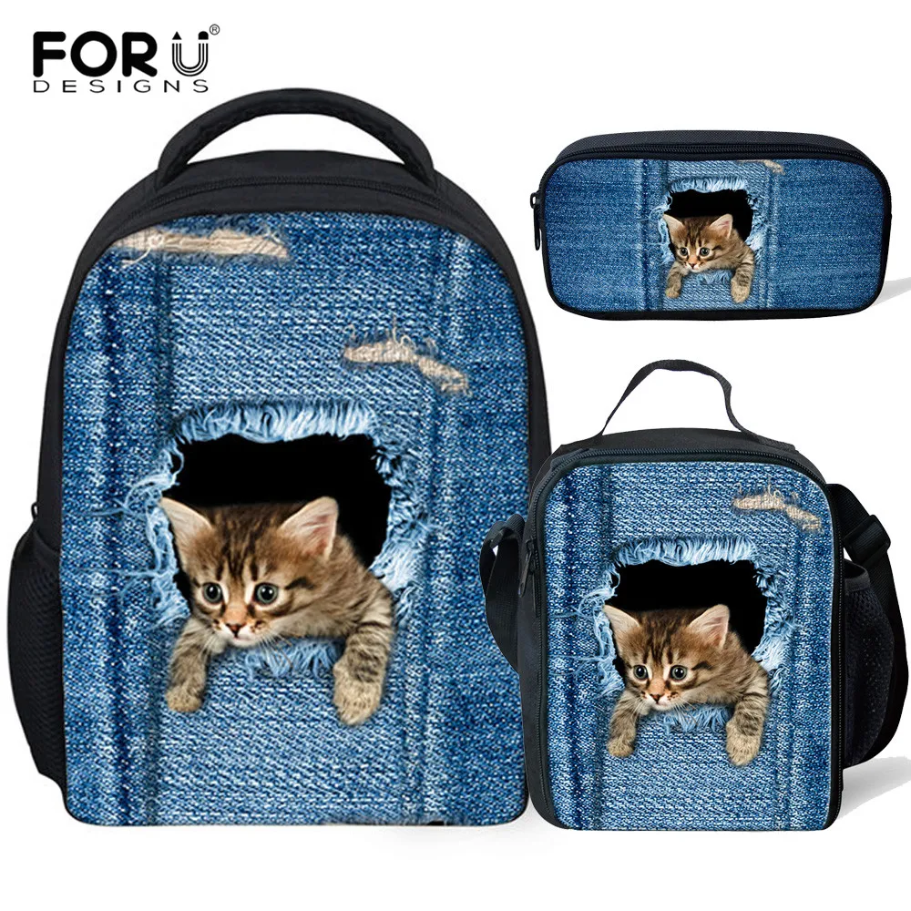 FORUDESIGNS 3 шт./компл. детские школьные ранцы из денима с кошками для девочек Детский