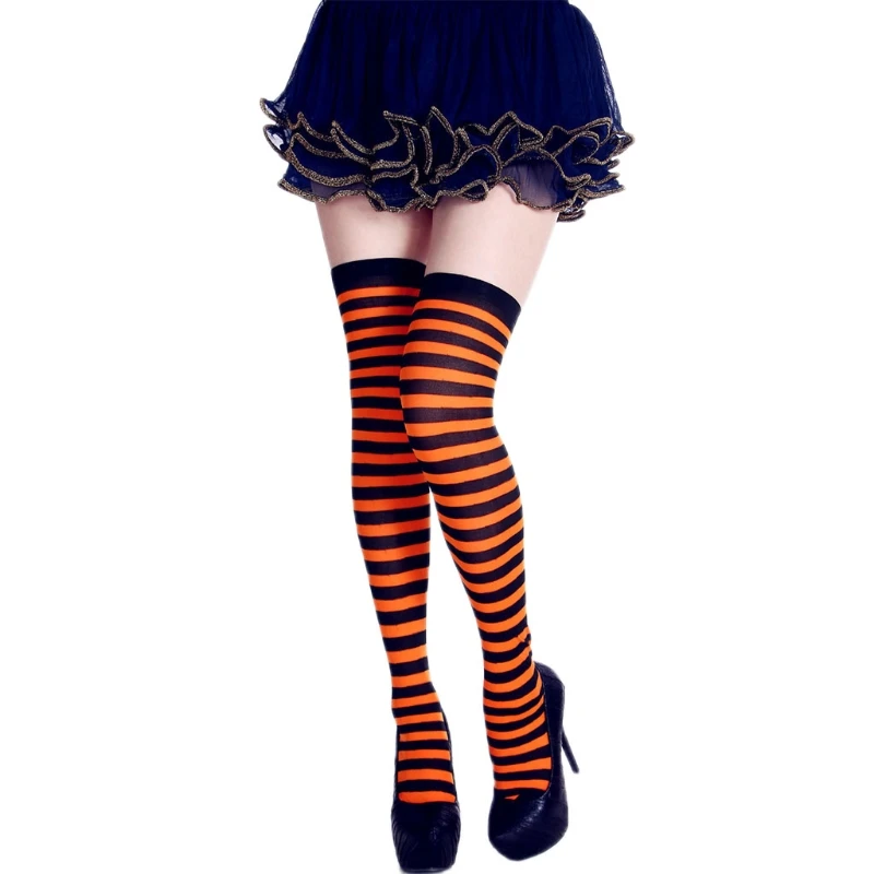 1 Pair Womens Long Striped Socks Contrast Color Thigh High Stockings Cosplay Halloween Socks Women Personality Long Socks