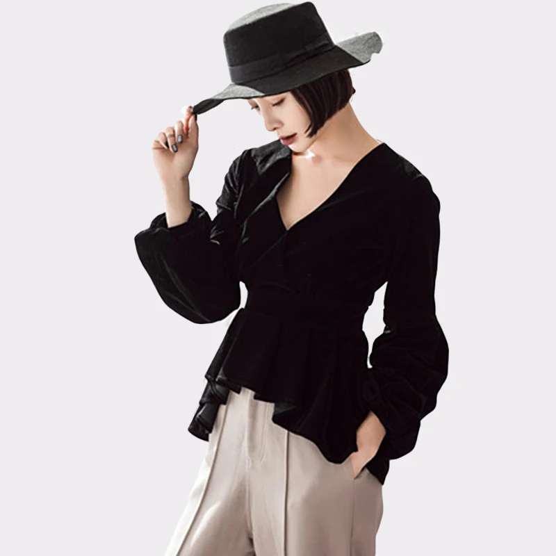 2018 облегающие повседневные женские бархатные рубашки с v образным вырезом