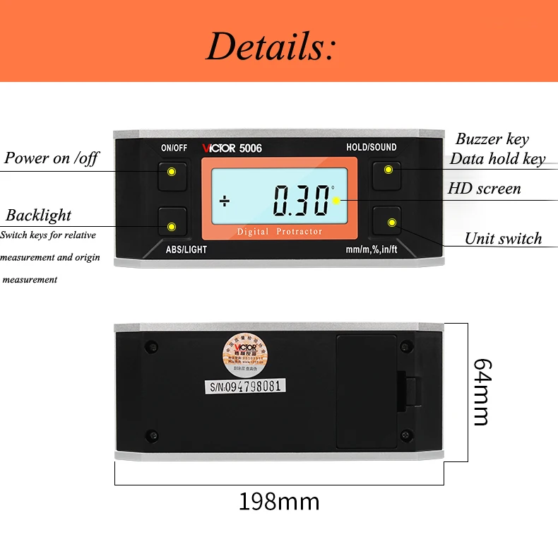 

Digital inclinometer high precision electronic angle ruler with magnetic level meter VC5005/VC5006