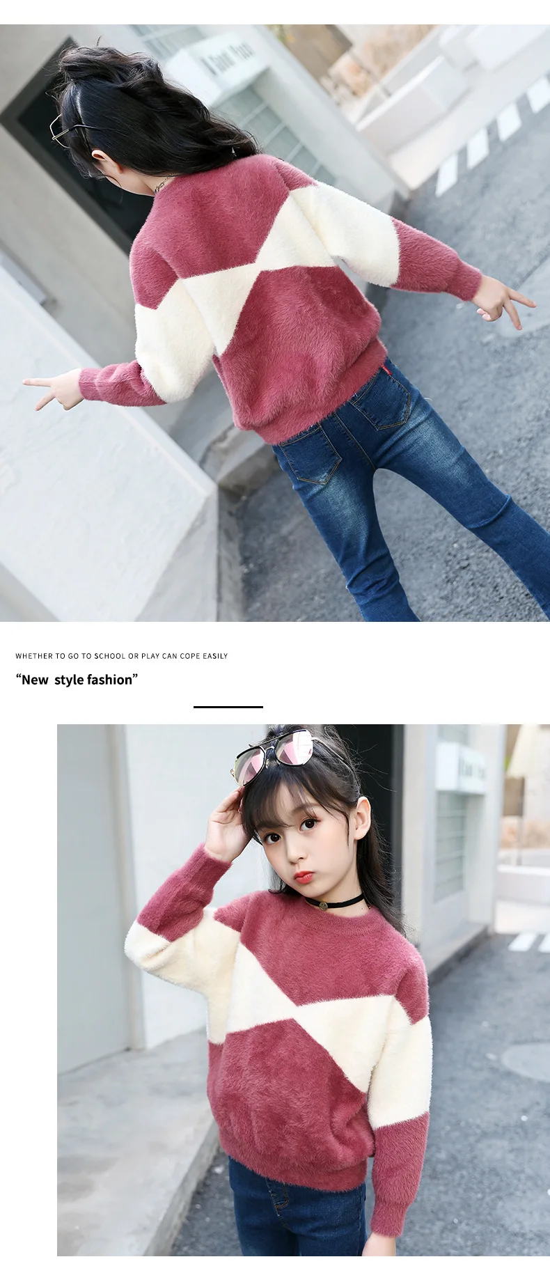 Teen Girl Sweater New Fashion Knit Thick O-neck Coat Contrasting Color Pullover Sweaters Cotton Knitwear Clothes 6 8 10 13Y