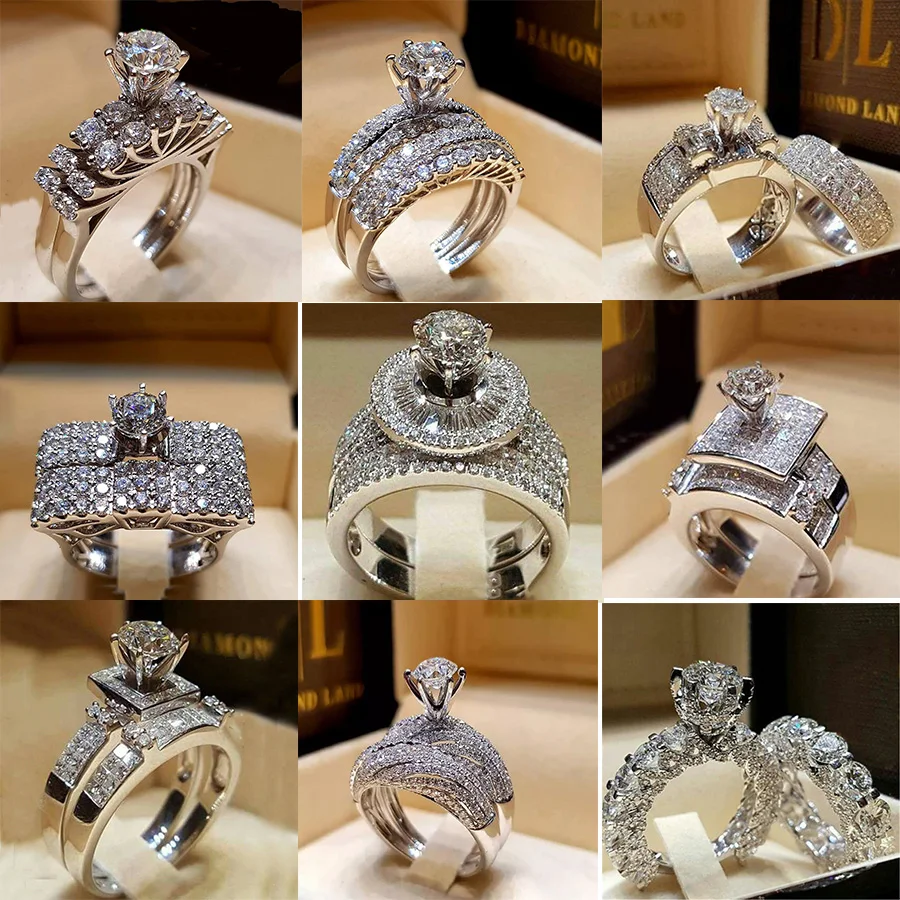 Фото Обручальные кольца с натуральным белым кристаллом для женщин комплект свадебных