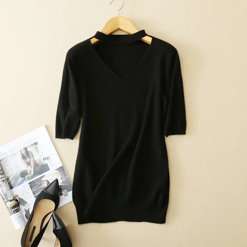 Women 100% Wool Sweater Autumn Fashion V-neck Short Sleeve Pullovers Knitted Sweaters S-XXL | Женская одежда