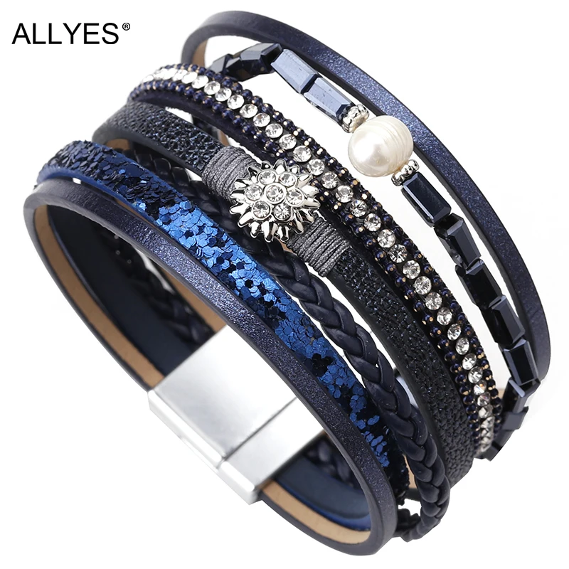 Женский кожаный плетеный браслет ALLYES Boho широкий многослойный с жемчужинами и