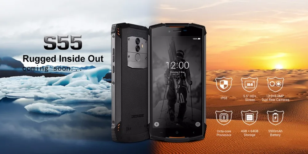 DOOGEE S55 IP68 водонепроницаемый мобильный телефон 5,5 дюймов 4 Гб ОЗУ 64 Гб ПЗУ MTK6750T Восьмиядерный Android 8,0 двойная камера 5500 мАч смартфон
