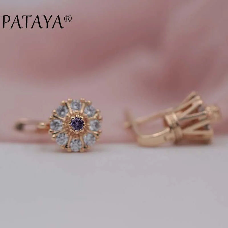 PATAYA, Новое поступление, свадебные серьги 585, розовое золото, зеленый цвет, натуральный циркон, лотос, висячие серьги для женщин, свадебные романтические ювелирные изделия, разные цвета - Окраска металла: purple