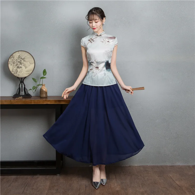 Женский Шелковый винтажный китайский топ, Vetement Cheongsam, костюм, художественный стиль, принт с чернилами, древняя кофточка Ципао, юбка, народная одежда