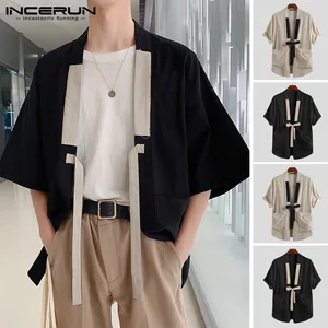 Рубашка INCERUN Мужская в китайском стиле, хлопковая рубашка-кимоно с карманами, топ с рукавами до локтя, винтажная Повседневная Уличная одежда, 2021