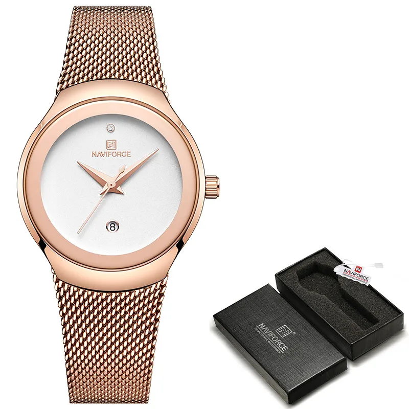 Rose Gold White -Box NAVIFORCE, роскошные Брендовые Часы, женская мода, платье, кварцевые часы, дамские, полностью стальная сетка, ремешок, водонепроницаемые часы, Relogio Feminino - Цвет: Rose Gold White -Box