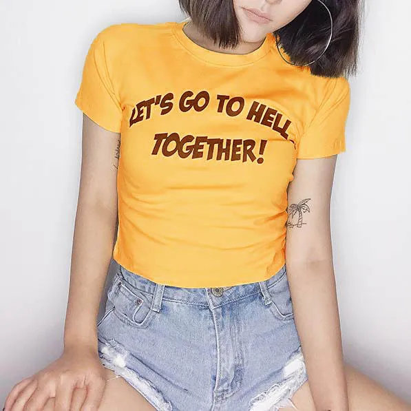 Let's GO TO HELL вместе футболка желтого цвета Женская мода арт футболки camisetas tumblr