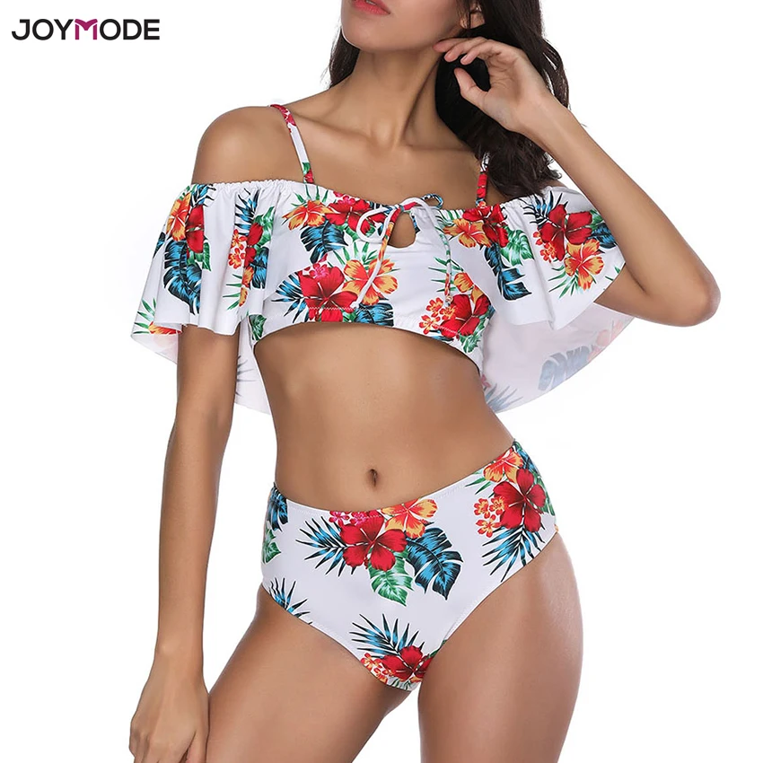 JOYMODE с открытыми плечами Купальник из двух частей с воланами Купальник для женщин с оборками пляжное бикини с высокой талией Mujer Cintura Alta Biquini