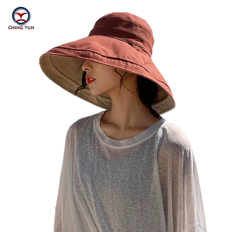 CHING YUN Summer Women Fisherman's hat korea sun Cotton and linen brim beach Sunscreen breathable Sunscreen travel leisure hat