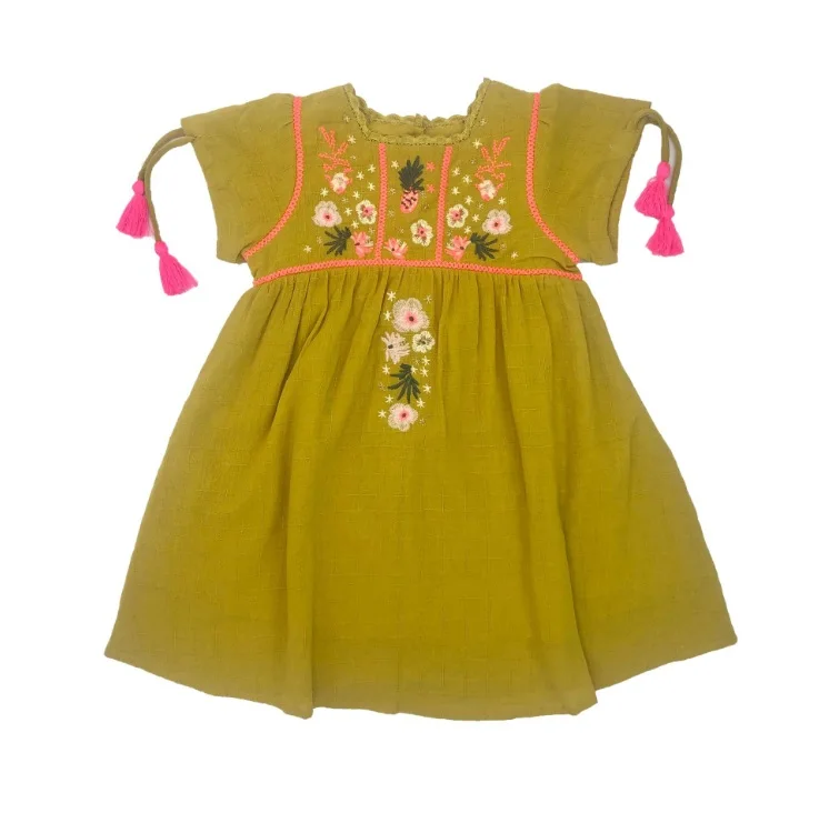yellow same style Детское платье г. Брендовые весенне-летние платья с короткими рукавами и цветочной вышивкой для девочек Новая Модная хлопковая одежда для маленьких детей - Цвет: yellow same style