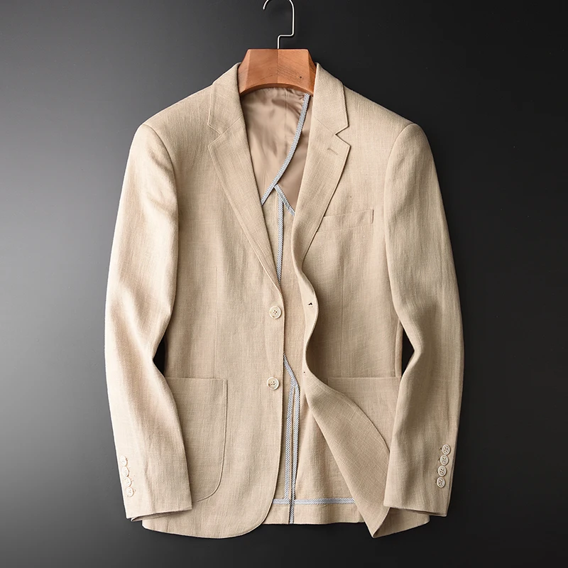 

new arrival fashion Spring Male Youth Single Breasted Suit Cotton Natural Ramie Khaki Casual Jacket high quality size M-3XL4XL