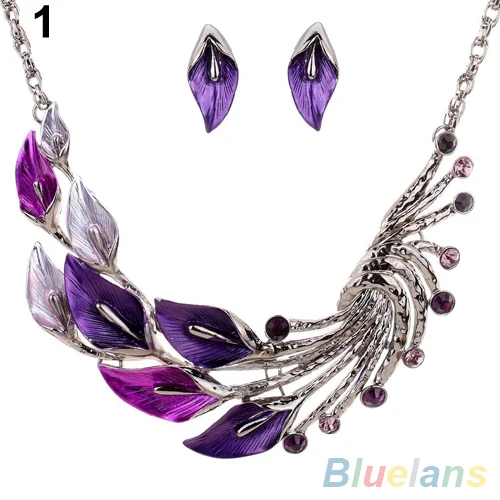 Retro Tibetan Leaf Peacock Crystal Rhinestone Drop Earrings Short Necklace Set 1C2U | Украшения и аксессуары