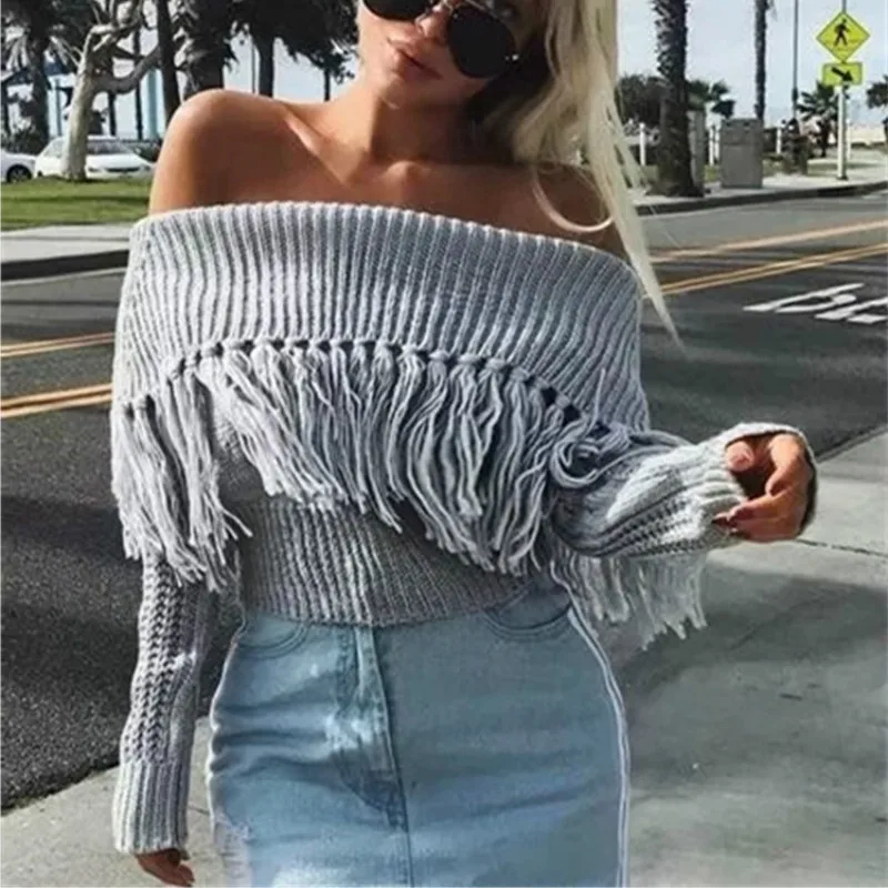 Sexy Women Slash-Neck Tassels Sweater Off the shoulder Fringed Pullover Knitted Shirt Long Sleeved High Waist Tops 2018 New | Женская