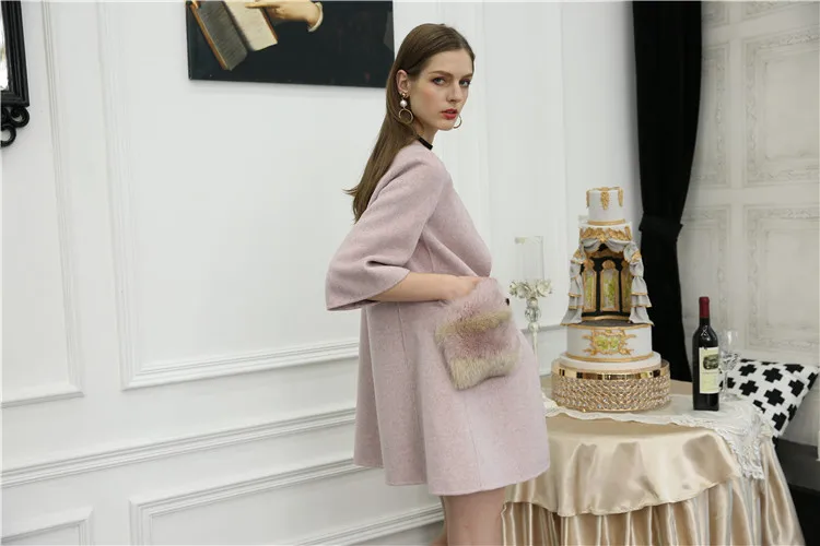 OFTBUY, шерстяная смесь,, зимняя куртка для женщин, натуральный мех, пальто для девушек, двусторонняя шерсть, кашемир, натуральный Лисий мех, с карманами, шерстяное пальто