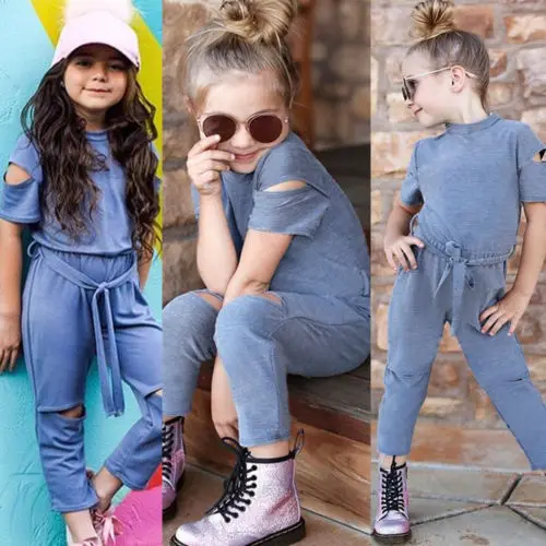 2018 Summer Toddler Kids Baby Girl Short Sleeve Hole Romper Jumpsuits Playsuit Outfits Ripped Pants Fashion Clothes 1T-6T | Детская
