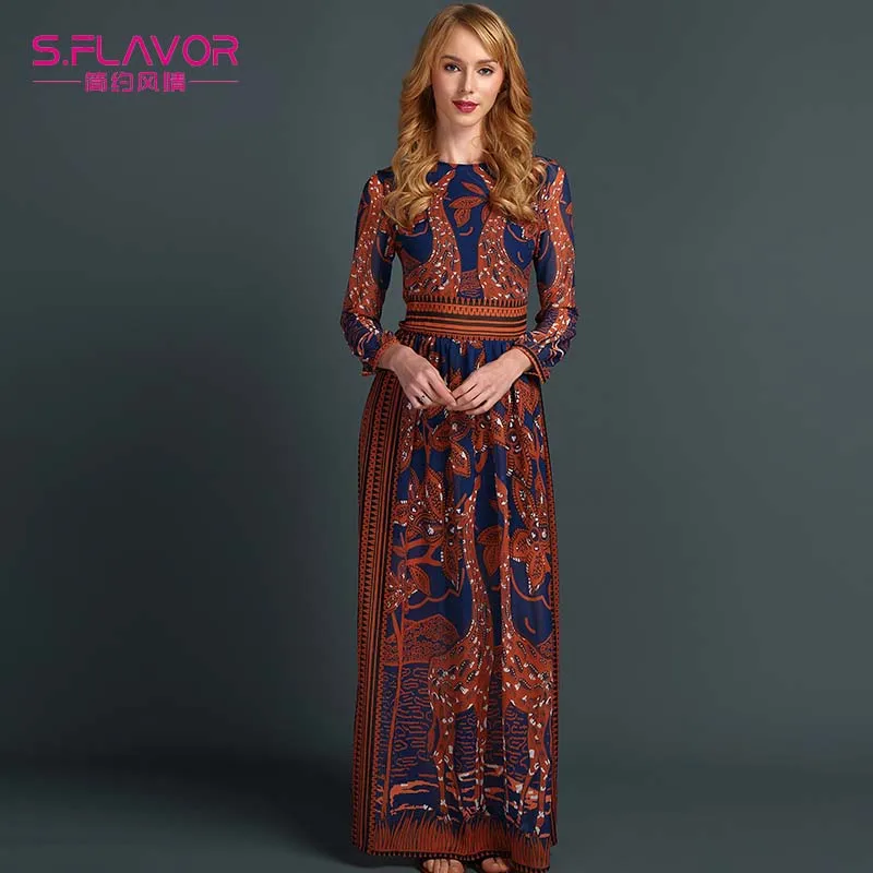 Женское длинное платье S. FLAVOR шифоновое макси с длинным рукавом и принтом на лето
