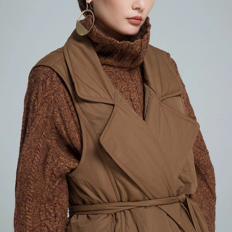FYYIYI Sleeveless Vest Down Jacket Long Casual Lapel Coat Autumn Winter Slim Thick Jackets Fashion Adjustable Waist Pockets | Женская