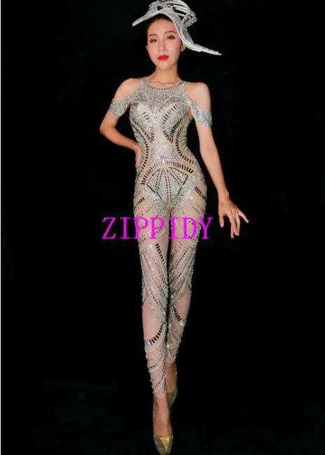 Fashion Silver Sparkly Rhinestones Mesh See Through Birthday Female Singer Evening Party Prom Celebrate rompers
