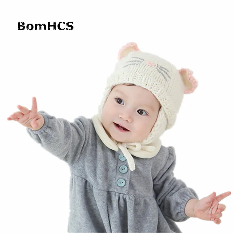 Шапка BomHCS детская вязаная ручной работы с ушками для детей 3-8 лет 100%
