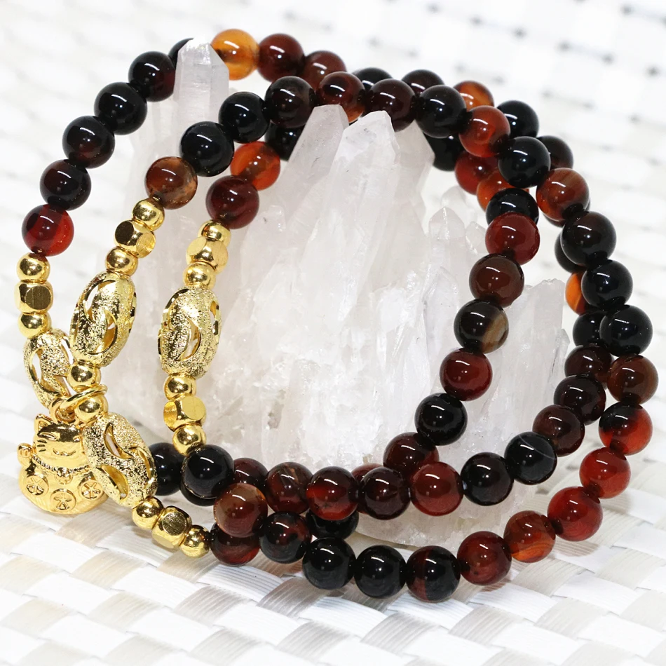 Round beads cute cat pendant vintage natural stone dream agat 6mm multilayer bracelet for women carnelian onyx diy jewelry B2196 | Украшения