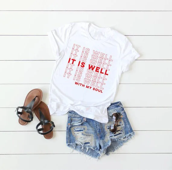 

Sugarbaby It is well Unisex Women's Christian Tee It is well with my soul T-Shirt Trendy Jesus Tops Red Letter Harajuku Tops