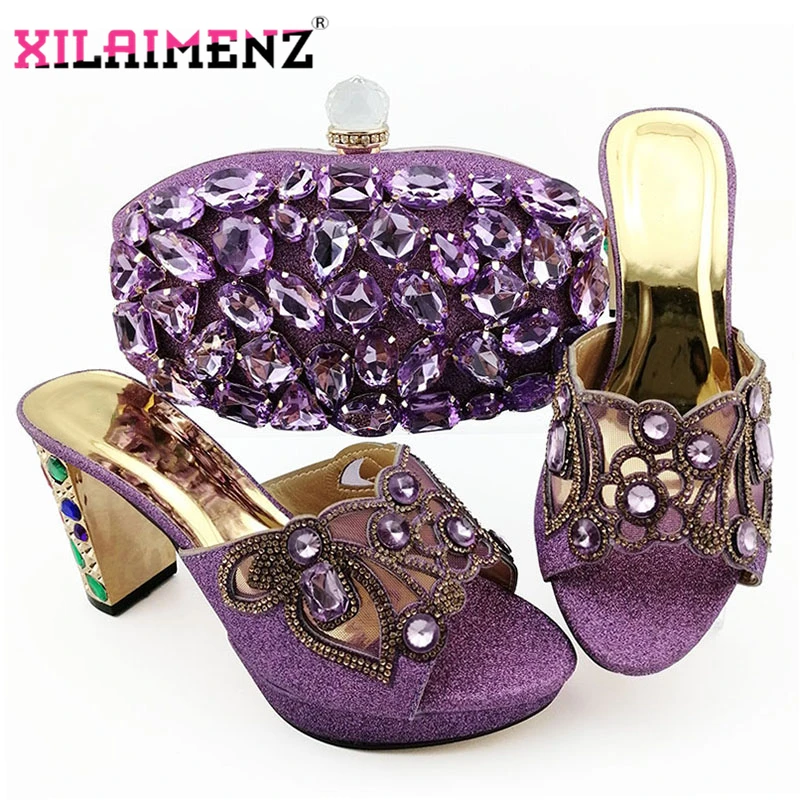 

Fashion Light Purple Color Nigerian Women Matching African Slippers and Bag Set Decorated with Rhinestone Ladies Shoes and Bag