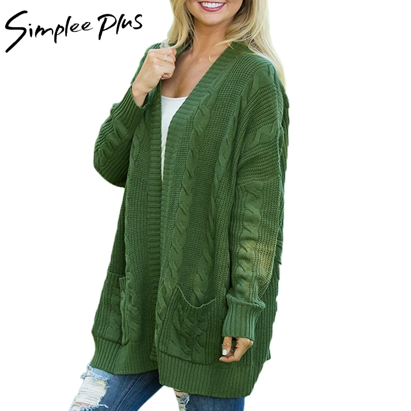 Simplee Plus Cardigans Women Size Long Cardigan Female 2018 Autumn Sleeve Solid Sweater Pockets Knitted Tops XXL XXXL |