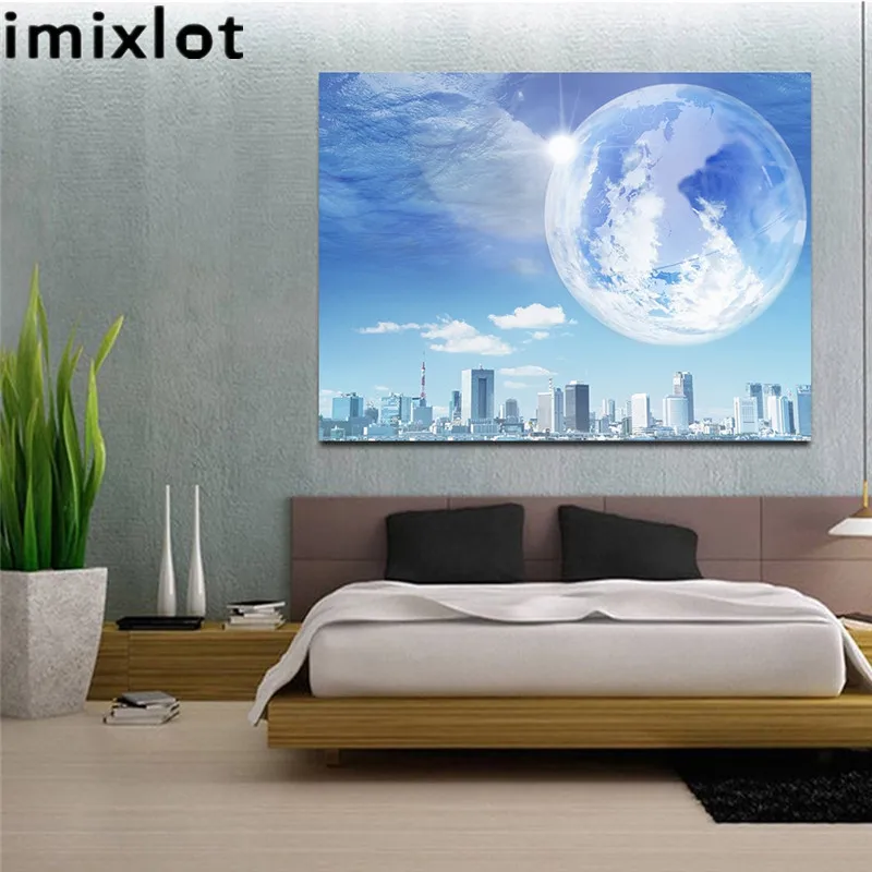 Imixlot планет и высокий здание Художественная печать настенная живопись на холсте