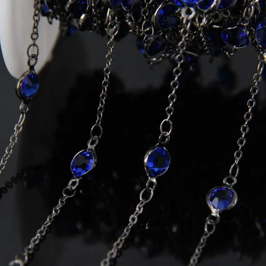 

6mm size,Blue Glass Flat Coin Chains,Wire Wrapped Plated Gun black Faceted Round Glass beads Chains necklace bracelet