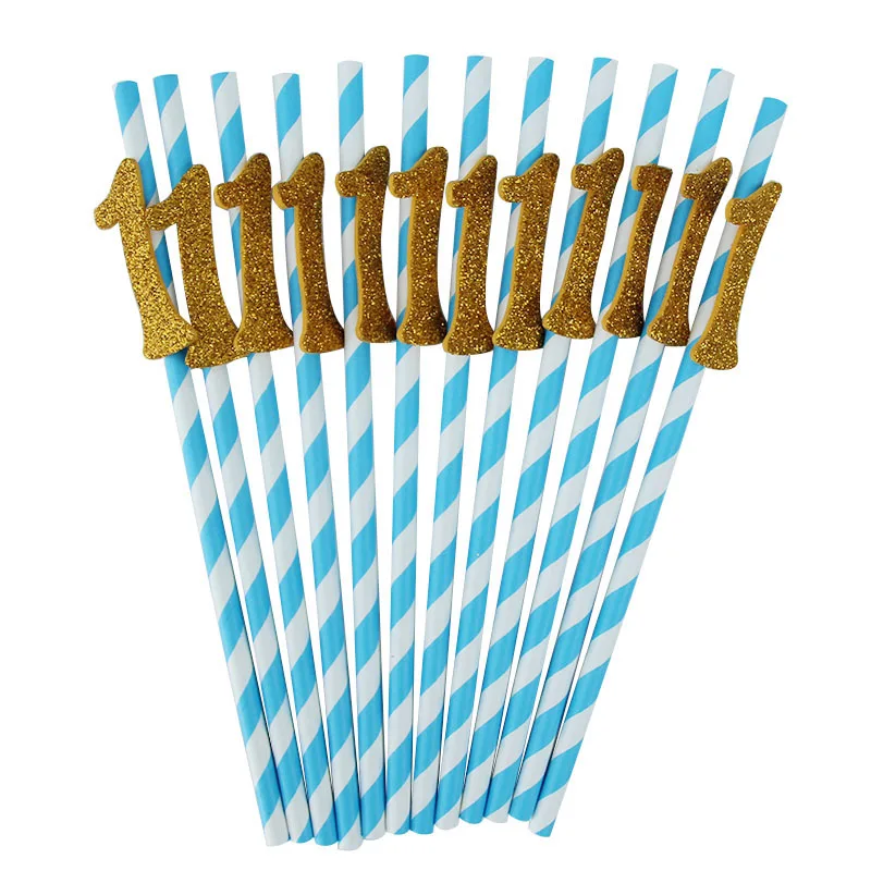 Gold 1 blue straw WEIGAO, 12 шт., 1-й день рождения, номер "1", бумажная соломинка для питья, девичья вечеринка, первый день рождения, украшения, блестящая соломинка, 1 соломинка - Цвет: Gold 1 blue straw