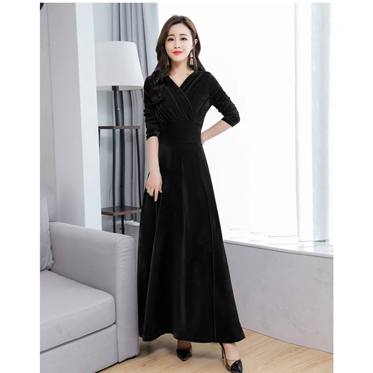 black V-neck 3XL женские офисные платья с длинным рукавом, винтажное зеленое черное бархатное платье, осенне-зимнее платье размера плюс, женское платье - Цвет: black V-neck
