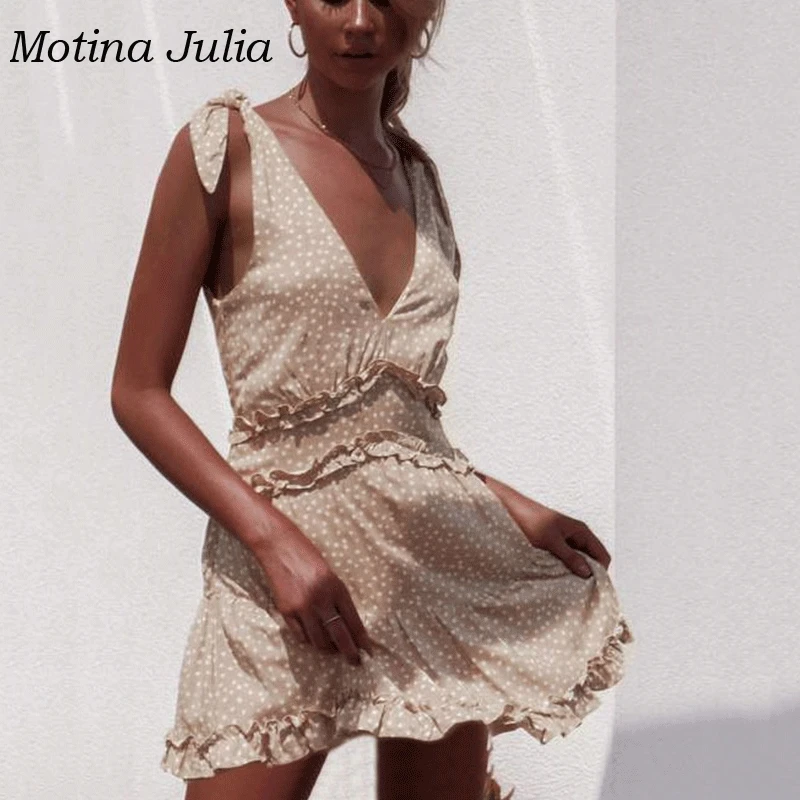 Motina Julia 2019 летнее платье в горошек с принтом женское глубоким v образным вырезом