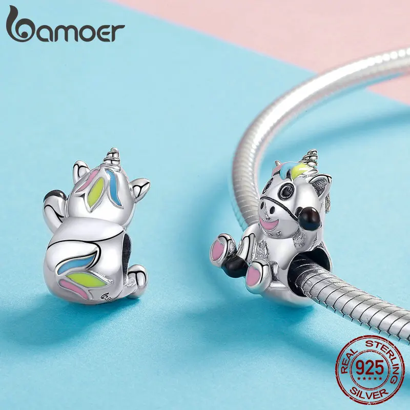 BAMOER, натуральная 925 пробы, серебряный, милый, единорог, разноцветные, эмалированные бусины, подходят для шармов, браслеты, сделай сам, ювелирное изделие BSC041