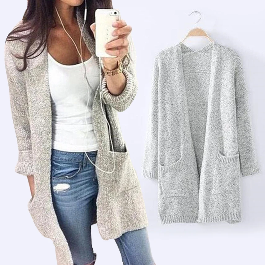 2016 Autumn Women Long Cardigan Sweater Ladies Loose Knitted Cardigans Coat Korean Wild Pocket Poncho Gray Knitwear |