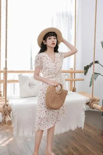 French Flower Dresses 2019 Summer Vintage Knee-length A-line Elegant Mori Girl Print Woman Cloth V-neck Dress | Женская одежда