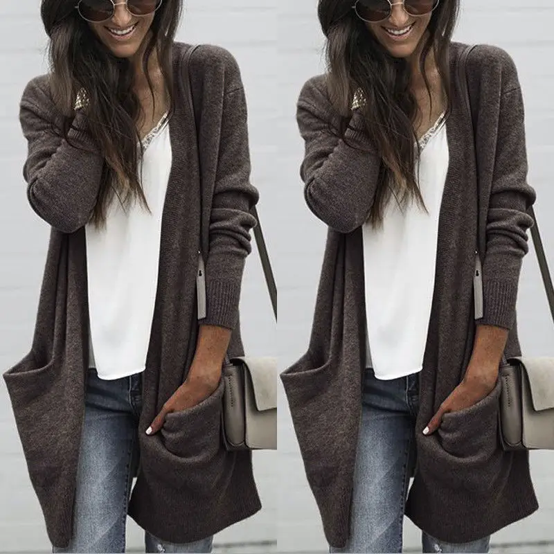 

Women Casual Long Sleeve Cardigan Knitwear Coat Thick Outwear Solid Brown Tops Pocket