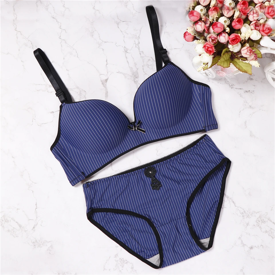 2018 women's underwear set push up wire free soft bow lingerie seamless breathable stripes bra and panties | Женская одежда