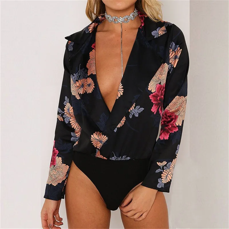 2020 Autumn Floral Print Bodysuit Women's Rompers Overalls for Elegant Short Imitation Silk Jumpsuit Black Long Sleeve Coveralls | Женская