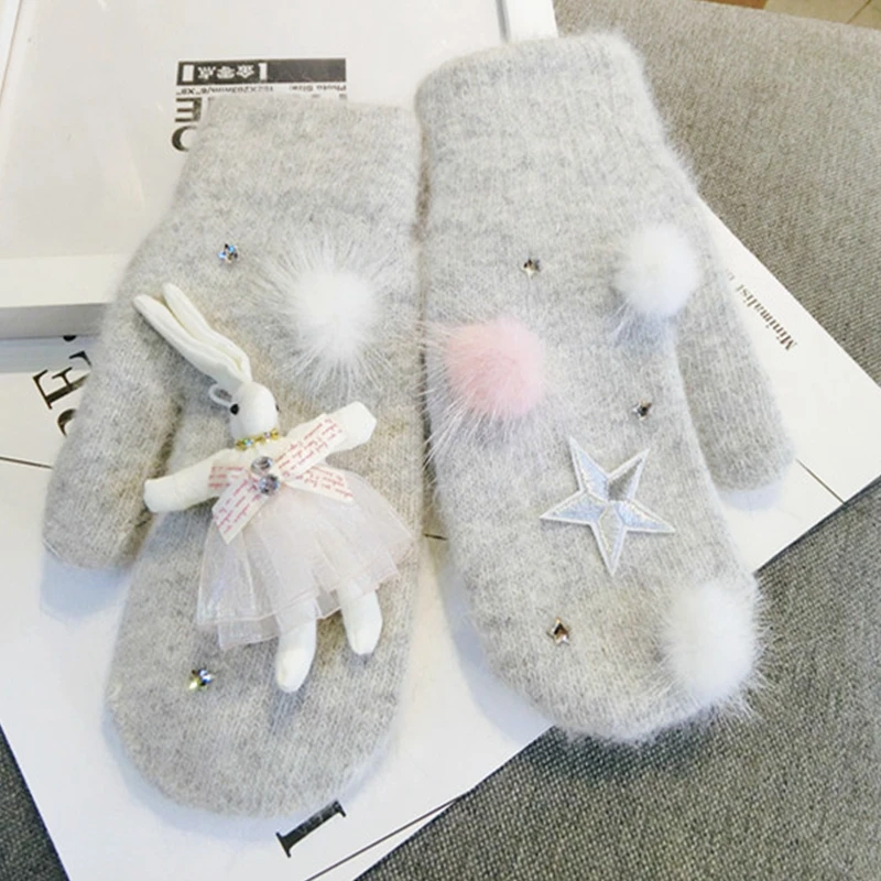 Зимние женские перчатки 2016 теплые варежки с милым кроликом для женщин милые