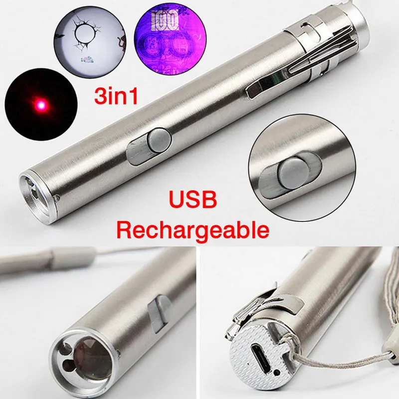 

New 3 in1 Mini USB Rechargeable LED Laser UV Torch Pen Flashlight Multifunction Lamp QJ888