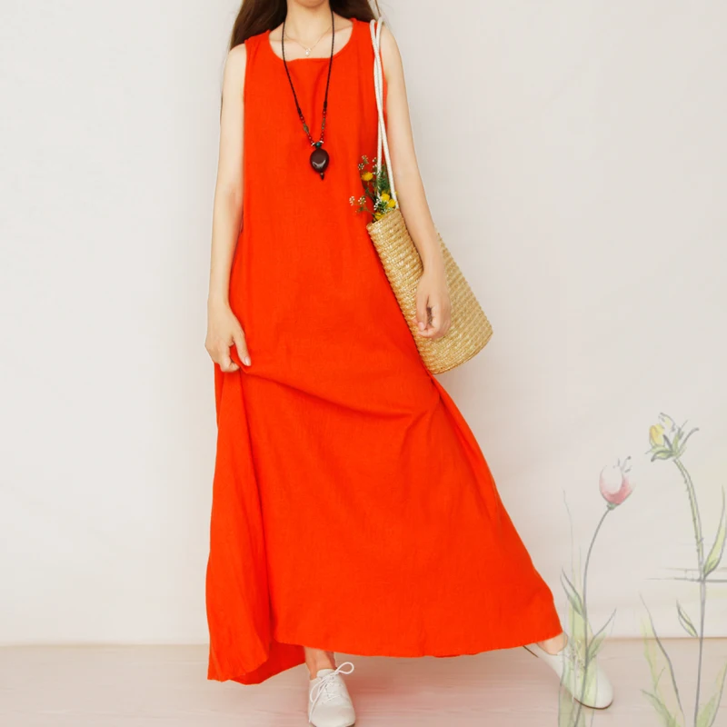 Fashion 2017 New Cotton Linen Vintage Dress Summer Women Casual Loose Long Maxi Dresses Pure Color Plus Size A216 | Женская одежда