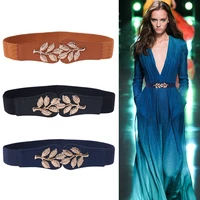 fashion leaf waistbands stretchy lady hot elastic cummerbunds for women dark blue belt dress gold double metal buckle waistband