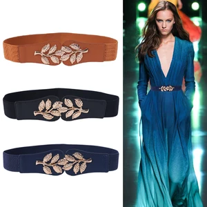 Пояс эластичный женский с металлической пряжкой, модный пояс с листиками, темно-синий цвет, для платьев, эластичные пояса