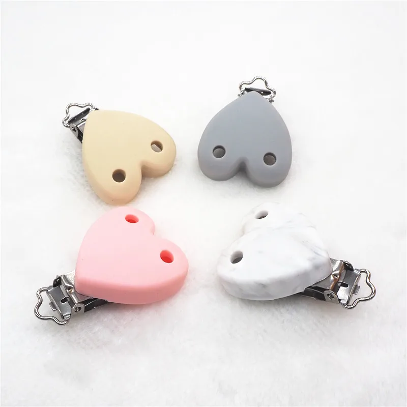 Chenkai 10pcs Silicone Heart Clips with 2 holes DIY Baby Rattle Teether Pacifier Dummy Montessori Sensory Holder Chain Clips
